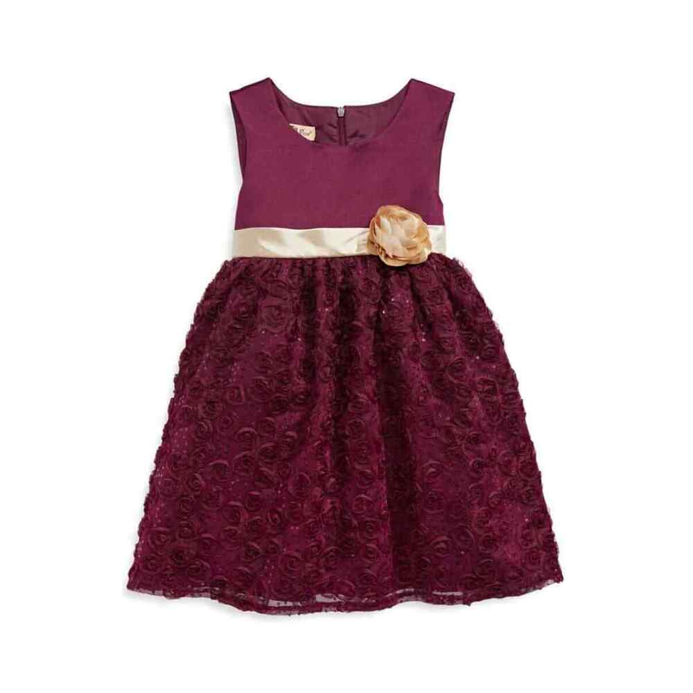 Purple Rose Little Girl's Soutache Floral Dress In Burgundy Size 6